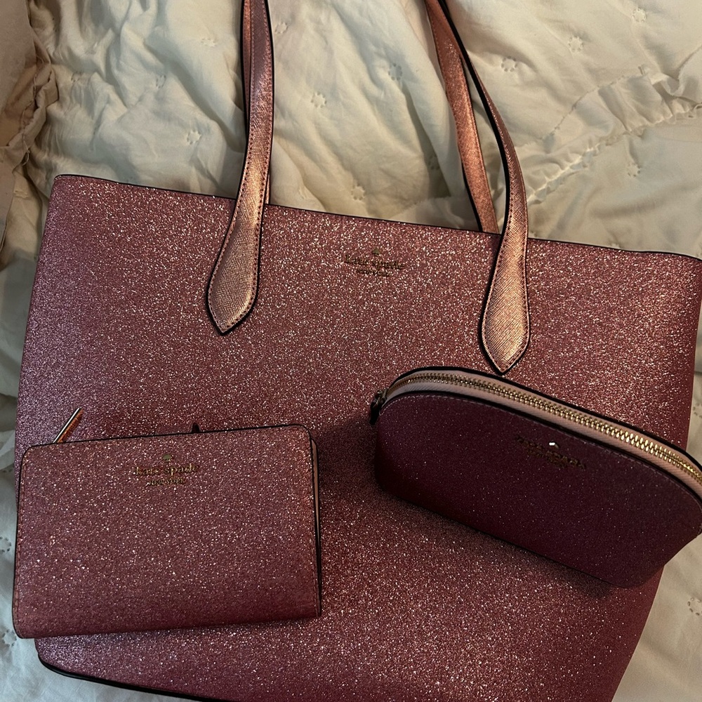 kate spade Metallic Rose Pink Glitter Tote with Wallet & Pouch